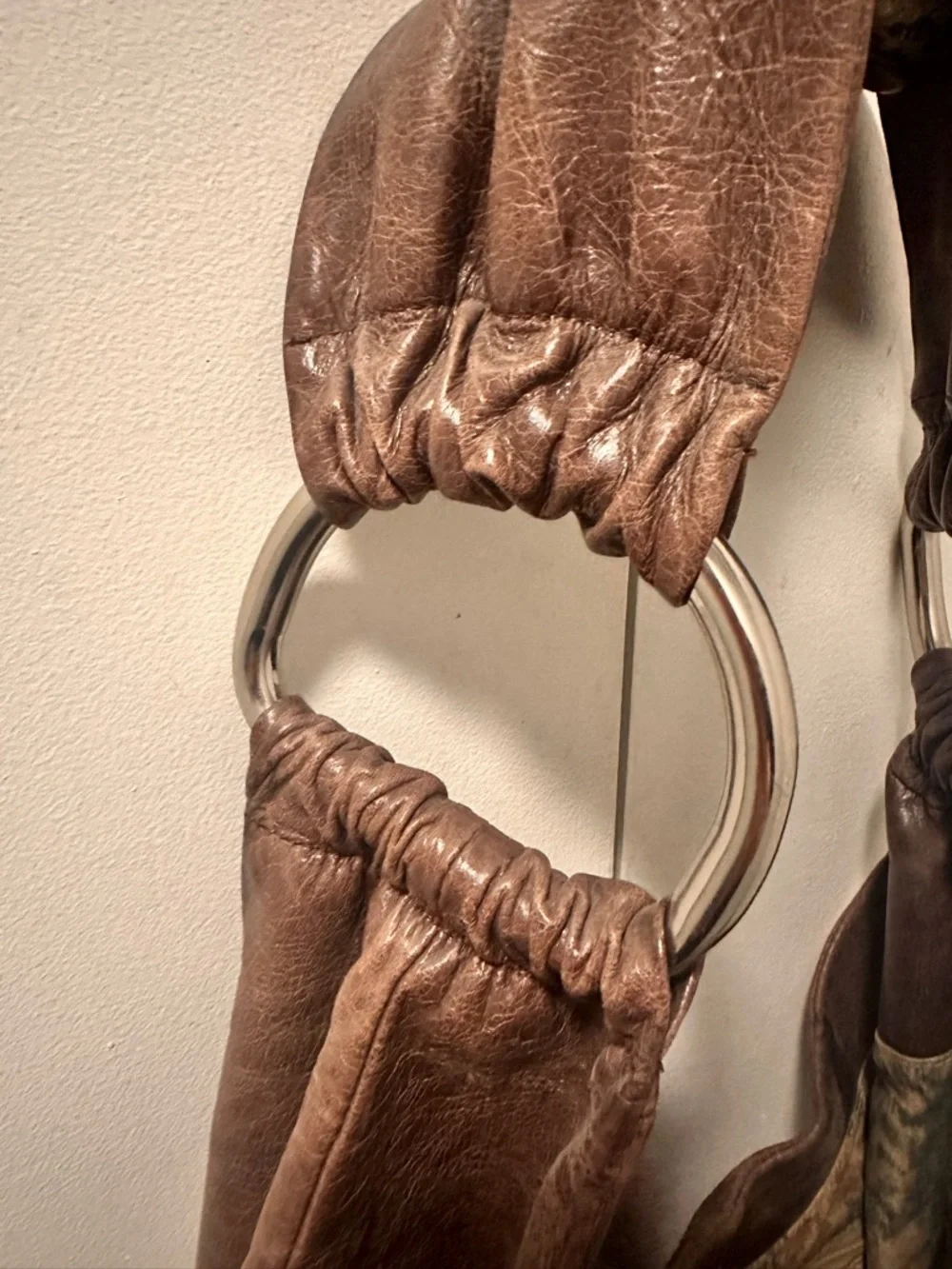 Brown Leather Hobo International Bag with Silver Ring Accents - Picture 2 of 5